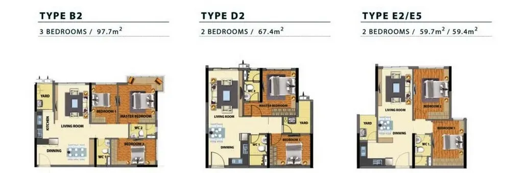 Mặt bằng các loại hình căn hộ từ  2 - 3 phòng ngủ chung cư Celadon Tân phú