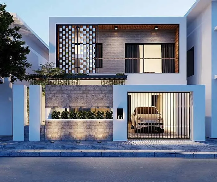 Đây là một mẫu nhà 2 tầng có thiết kế hiện đại, với các đường nét tối giản, tông màu trắng đen chủ đạo và sử dụng nhiều kính, gỗ và kim loại.