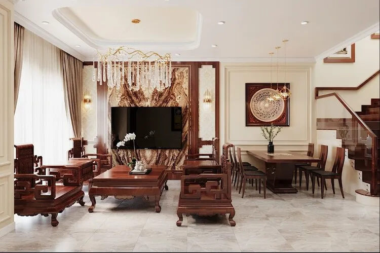 Bàn ghế tiếp khách và bàn ăn chế tác từ gỗ hương đồng bộ cho căn hộ theo phong cách nội thất châu Á vừa pha trộn nét truyền thống vừa hiện đại 
