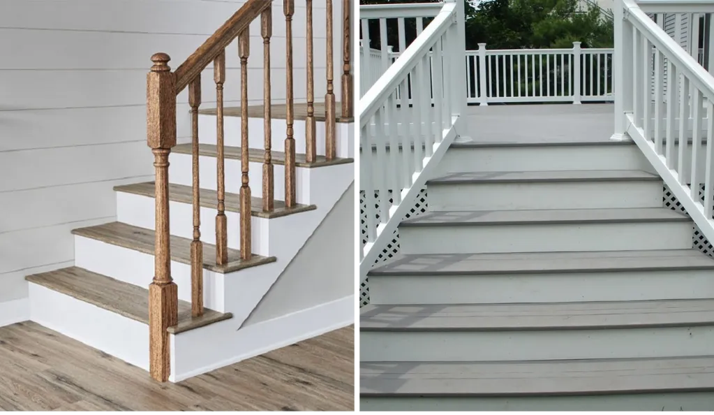 Cầu thang bằng gỗ nhựa với giá thành phải chăng có thể sử dụng cho cả thiết kế bên trong và ngoài trời.