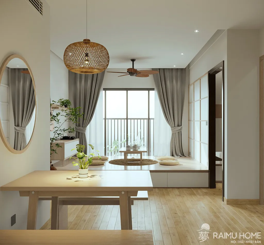Điểm nhấn của căn hộ là khu vực sàn nâng Kamachi gần cửa kính lớn, vừa là phòng khách, vừa trở thành không gian thư giãn cho gia đình cùng với bạn bè hay người thân.