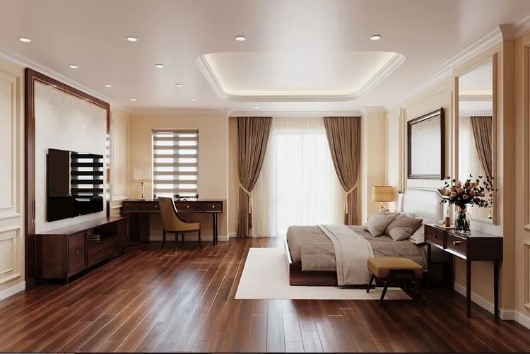 Giường, bàn, tủ kết hợp với sàn gỗ hương tinh tế và sang trọng.
