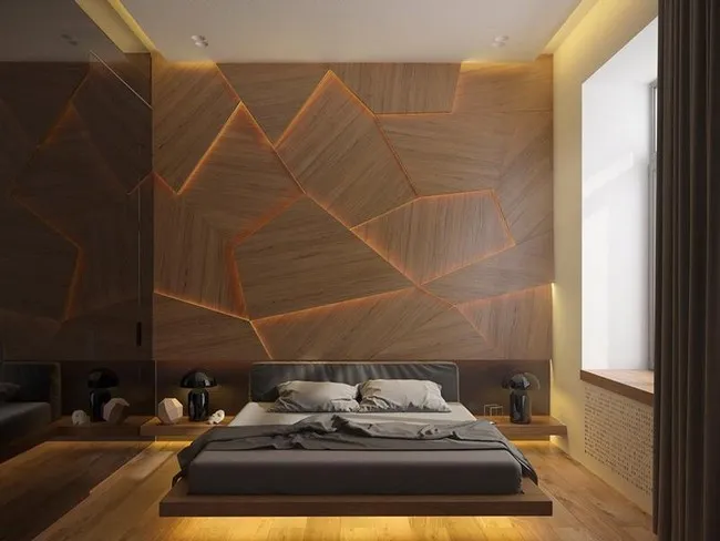 Gỗ ốp tường cách điệu kết hợp hệ thống đèn led nổi bật trong phòng ngủ