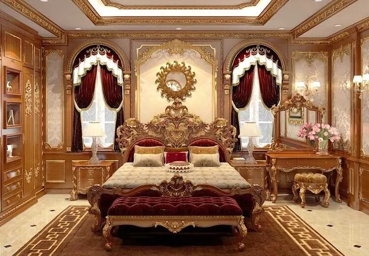 Hệ thống tủ, giường và ốp tường từ gỗ tăng thêm sự xa xỉ, vương giả cho phòng ngủ