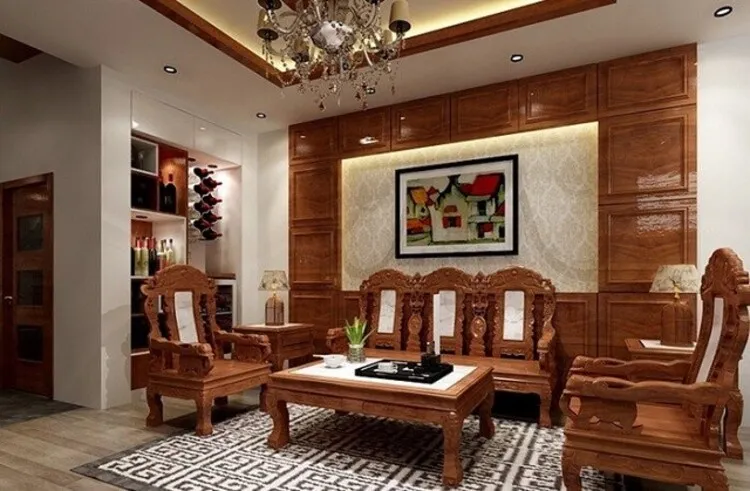 Không chỉ chế tác thành các món nội thất sử dụng trong nhà, gỗ đinh hương còn làm ván ốp tường trang trí, vừa tạo sự đồng bộ với bàn ghế, vừa tăng sự sang trọng cho không gian.