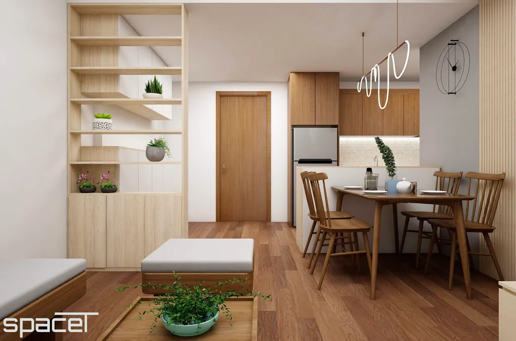 Không gian bếp và phòng ăn được thiết kế liền kề với phòng khách giúp tối ưu không gian