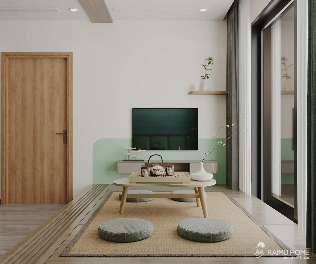 Màu sắc chủ đạo của căn hộ là trắng và nâu gỗ, các đường nét xanh pastel mang đến sự tinh tế và nhẹ nhàng cho không gian.