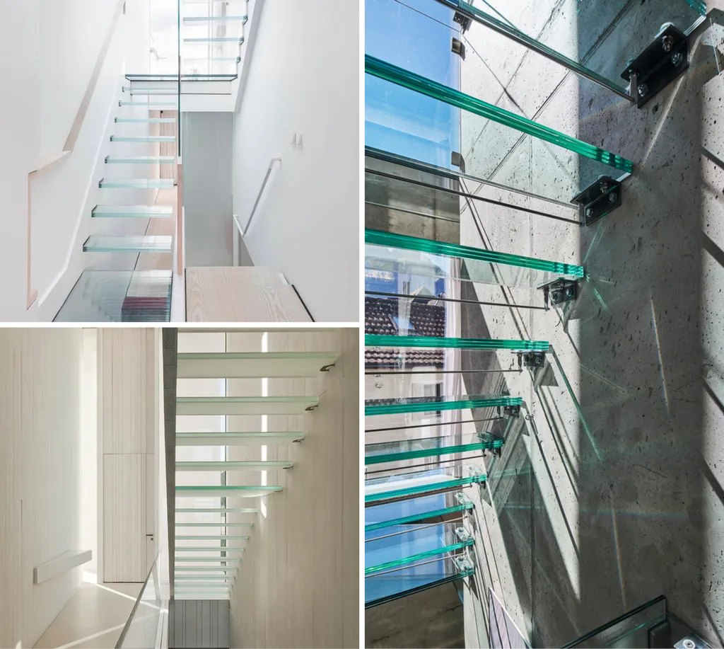 Những chiếc cầu thang bằng kính cho phép ánh sáng đi khắp không gian, tạo sự sang trọng và hiện đại cho căn nhà.