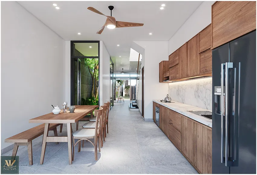 Phòng bếp sẽ được nối liền phía sau cũng với thiết kế nội thất khá đơn giản.
