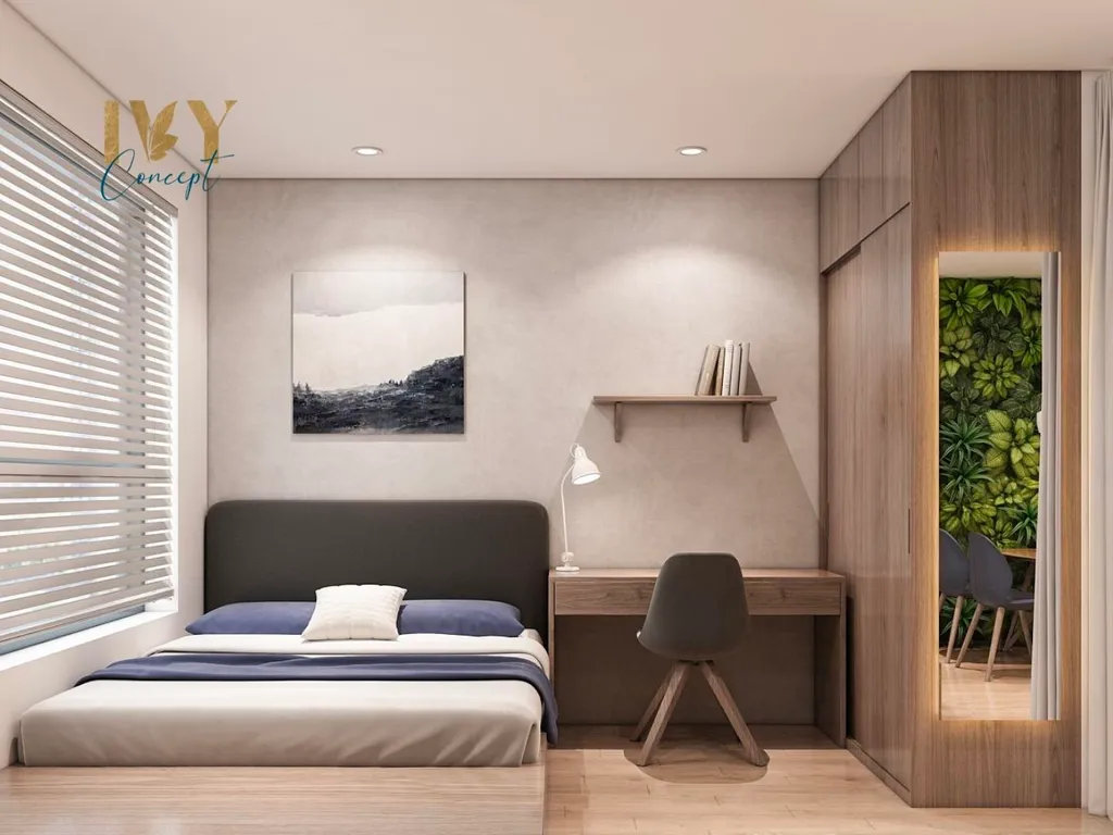 Phòng ngủ được bày trí đồng nhất với màu sắc chung của ngôi nhà, kết hợp với các chi tiết gỗ đơn giản, giúp không gian nghỉ ngơi trở nên thư giãn và tĩnh lặng.