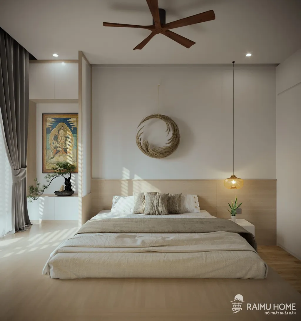 Phòng ngủ được thiết kế đơn giản và riêng tư, mang đến cảm giác thư giãn và thoải mái.