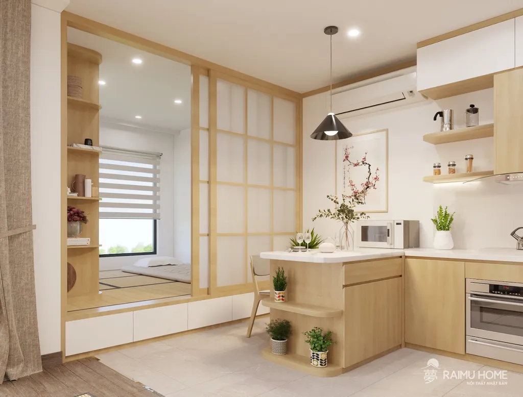 Phòng ngủ tách biệt với không gian chung bằng kiểu dáng cửa lùa chuẩn Nhật Bản. Lối thiết kế đơn giản, nhưng đảm bảo được sự riêng tư cho không gian nghỉ ngơi.