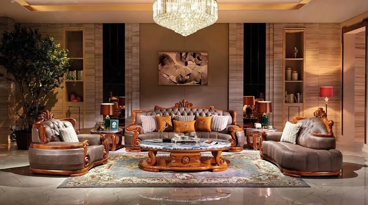 Sofa gỗ hương kết hợp chất liệu da tăng sự sang trọng và đẳng cấp cho phòng khách