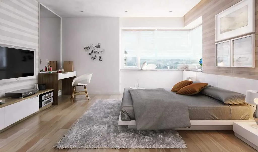 Sự kết hợp tài tình giữa tường màu trắng và sàn gỗ tone sáng giúp không gian phòng ngủ thêm thoải mái dễ chịu