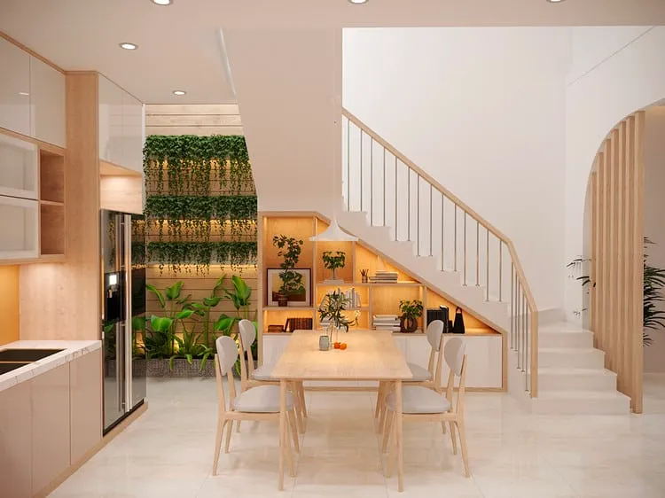 Tận dụng khu vực dưới cầu thang để thiết kế hệ tủ đựng, không những làm tăng diện tích mà còn giúp căn bếp thêm phần sinh động và độc đáo hơn.