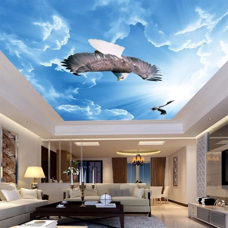 Trần mây cho phòng khách với bầu trời xanh, mặt trời và chim đại bàng