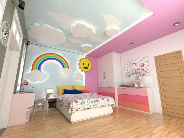 Trần mây vẽ các đám mây kết hợp với đèn trần cho phòng ngủ của bé gái.