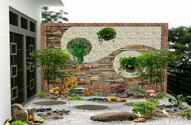 Tranh đá ốp tường trang trí đơn giản kết hợp trồng cây xanh