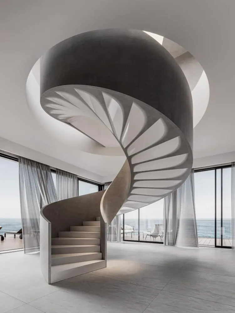 Mẫu cầu thang bằng bê tông với màu đồng nhất cùng màu nền nhà, ton sur ton với không gian căn villa biển.