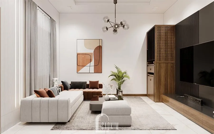 Mẫu phòng khách phong cách minimalist đơn giản nhưng sang trọng vô cùng với sự kết hợp màu sắc cực bắt mắt