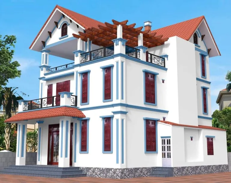 Nhà mái Thái 2 tầng với lối kiến trúc hiện đại, kết hợp màu sơn ngoại thất trắng - xanh da trời, tạo nên sự độc lạ cho căn nhà