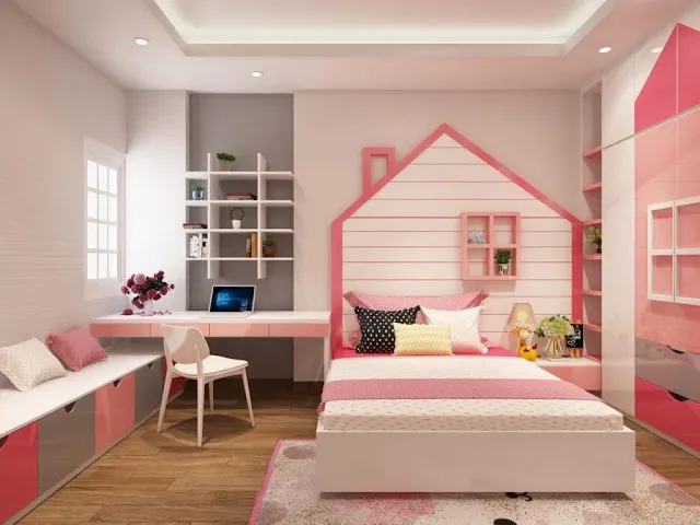 Phòng ngủ phong cách Hàn Quốc cho bé gái đáng yêu với tone màu hồng là chủ đạo. Căn phòng được thiết kế và trang trí cực kỳ tiện nghi cho bé