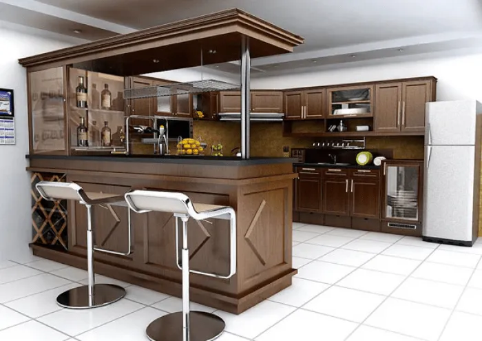 Quầy bar bếp với gỗ tự nhiên hoàn toàn khiến không gian bếp trở nên sống động hơn
