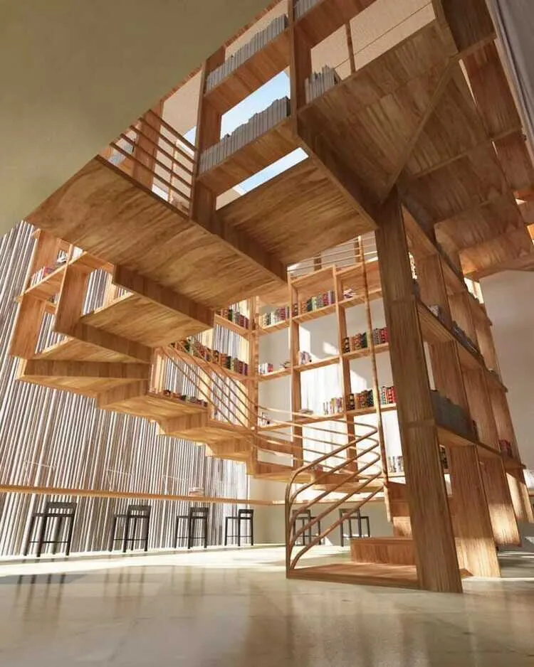 Thiết kế cầu thang xoắn kết hợp giá sách bằng gỗ