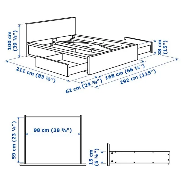Bản vẽ kỹ thuật giường ngủ 4 ngăn kéo có vách đầu giường mỏng