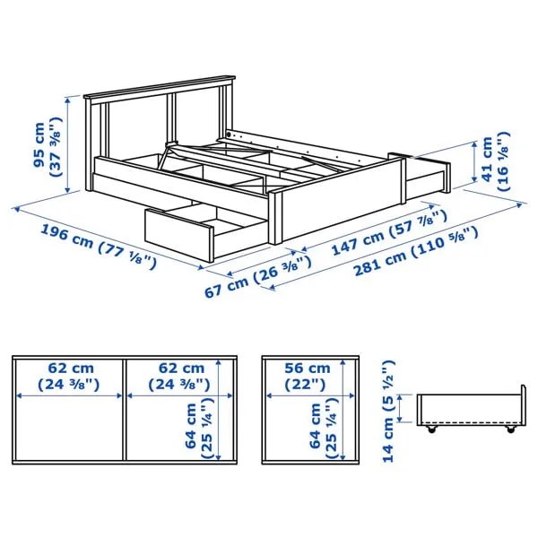 Bản vẽ kỹ thuật giường ngủ có 2 ngăn kéo dài và 2 ngăn kéo ngắn