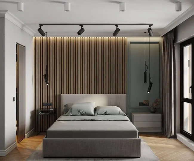 Lam gỗ phòng ngủ mang gam màu gỗ thô kết hợp với tông màu xám lạnh