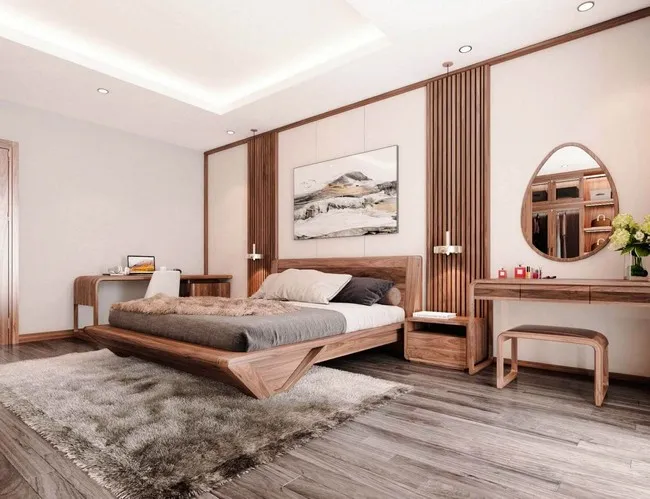 Lam gỗ trang trí đầu giường tạo không gian ấm cúng