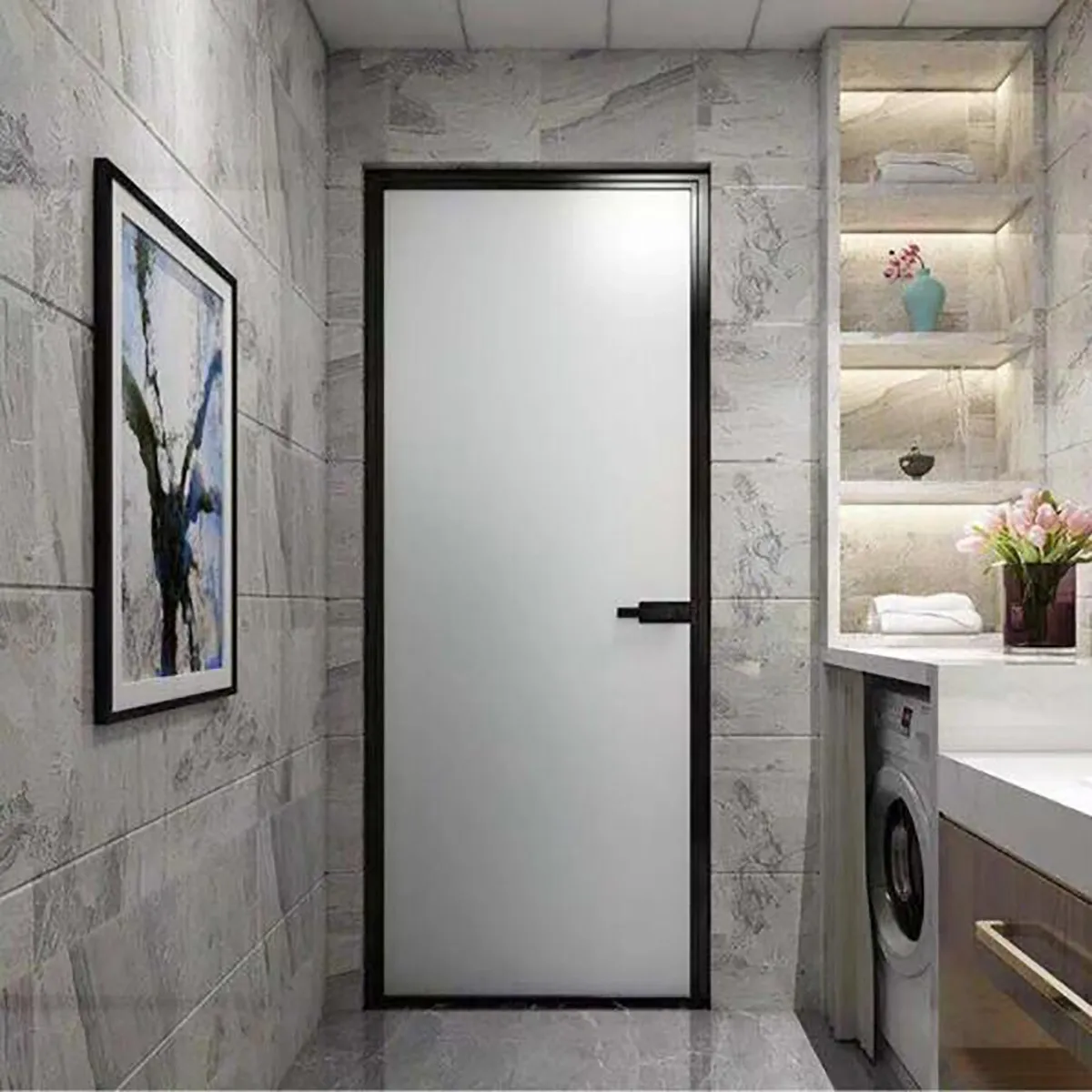 Mẫu cửa khung nhôm đơn giản mà tinh tế cho không gian phòng tắm hiện đại