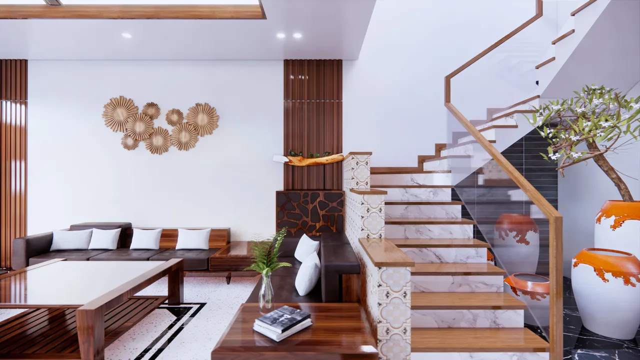 Mẫu phòng khách nhà ống 4m với phần lớn đồ nội thất là gỗ tự nhiên, mang lại cảm giác sang trọng cho không gian
