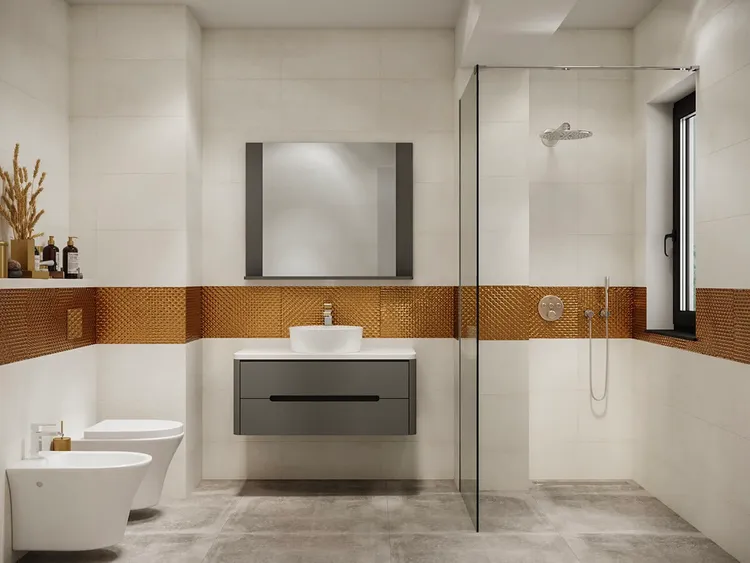 Mẫu thiết kế phòng tắm 4m2 tông màu trắng - vàng đồng được yêu thích nhất hiện nay