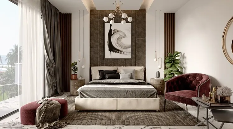 Phòng ngủ master cho nhà phố theo phong cách hiện đại kết hợp nội thất tân cổ điển, tăng nét sang trọng cho không gian nội thất quan trọng bậc nhất trong ngôi nhà.
