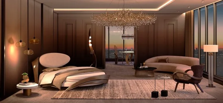 Phòng ngủ master cho Penthouse theo phong cách tân cổ điển kết hợp đương đại vô cùng ấn tượng nhưng vẫn sang trọng.