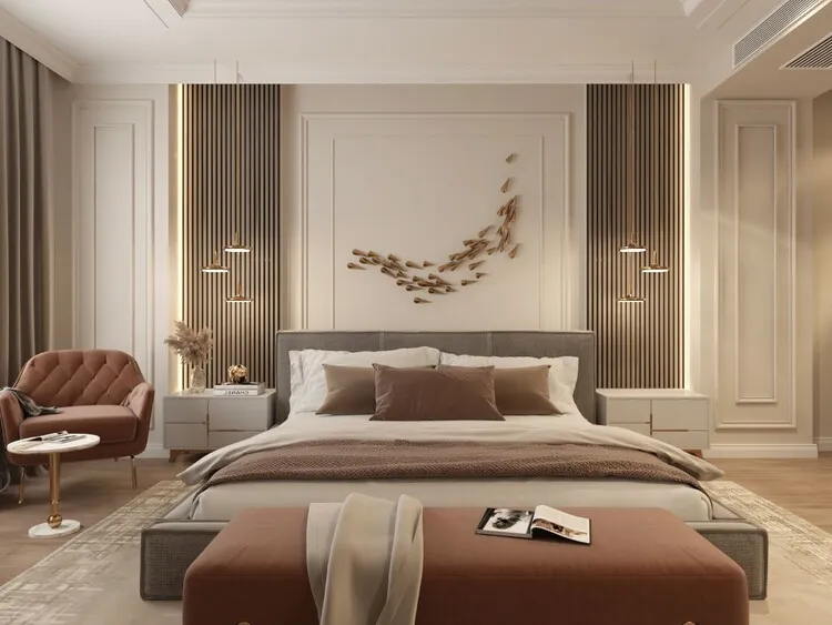 Phòng ngủ master của chung cư dùng tông nâu đất, nâu và trắng kết hợp trang trí đầu giường nhẹ nhàng, tinh tế.