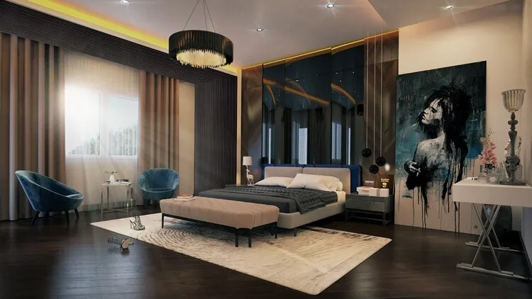 Phòng ngủ master lớn theo phong cách tân cổ điển pha trộn đương đại 