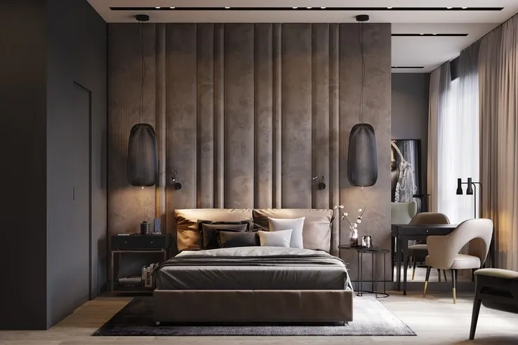 Phòng ngủ master nhà phố theo phong cách hiện đại kết hợp với nhà tắm thiết kế ngay trong phòng.