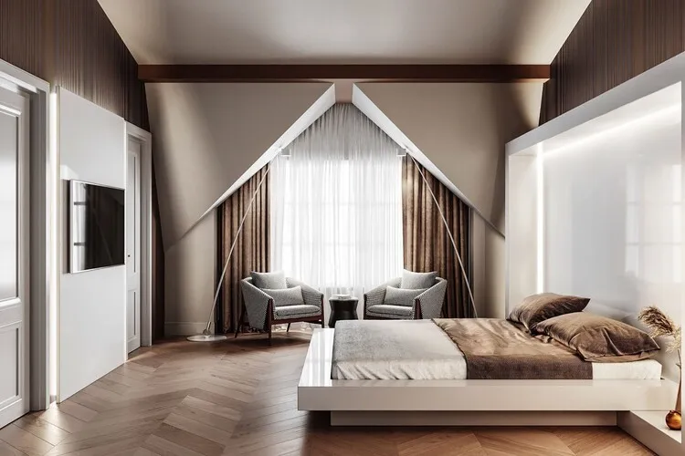 Phòng ngủ master nhà phố theo phong cách tối giản với giường và bàn uống nước thiết kế sát cửa sổ.