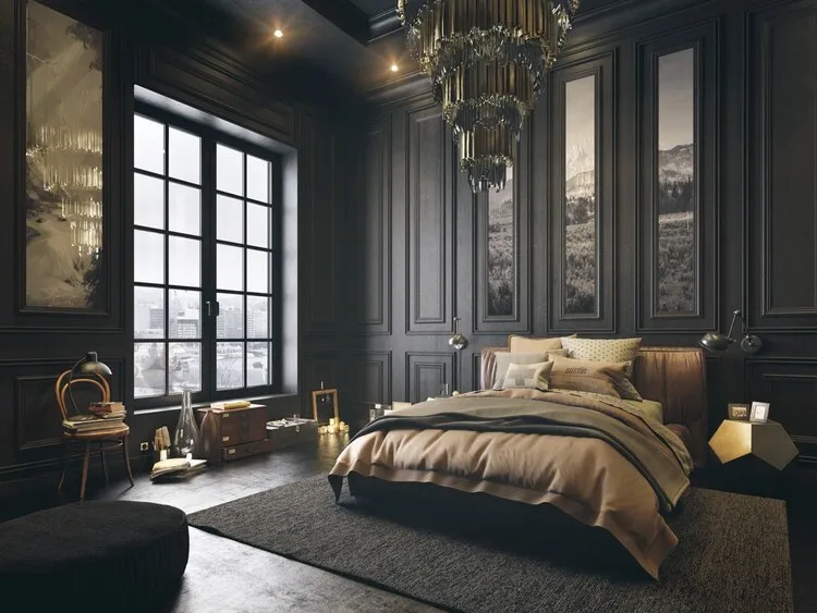 Phòng ngủ master phong cách tân cổ điển với tông màu xám đậm là chủ đạo, kết hợp nội thất màu nâu và ánh sáng vàng ấm tạo cảm giác thư thái, ấm cúng.