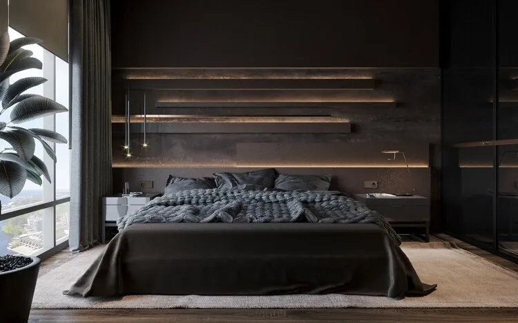 Phòng ngủ tối giản, hiện đại với tông màu đen, nâu và be; giường ngủ ngăn cách riêng với khu vực nhà vệ sinh bằng kính.