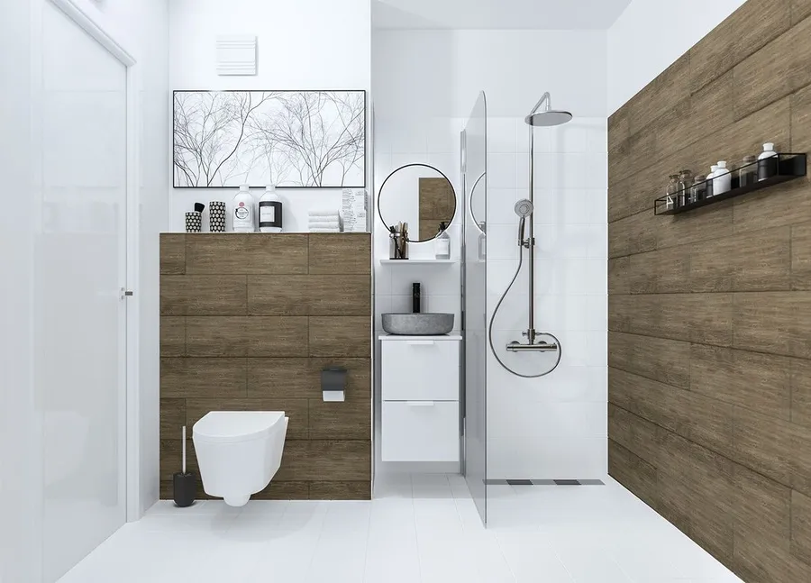 Phòng tắm 4m2 vẫn có thể ốp gỗ tường và có một số trang trí đơn giản