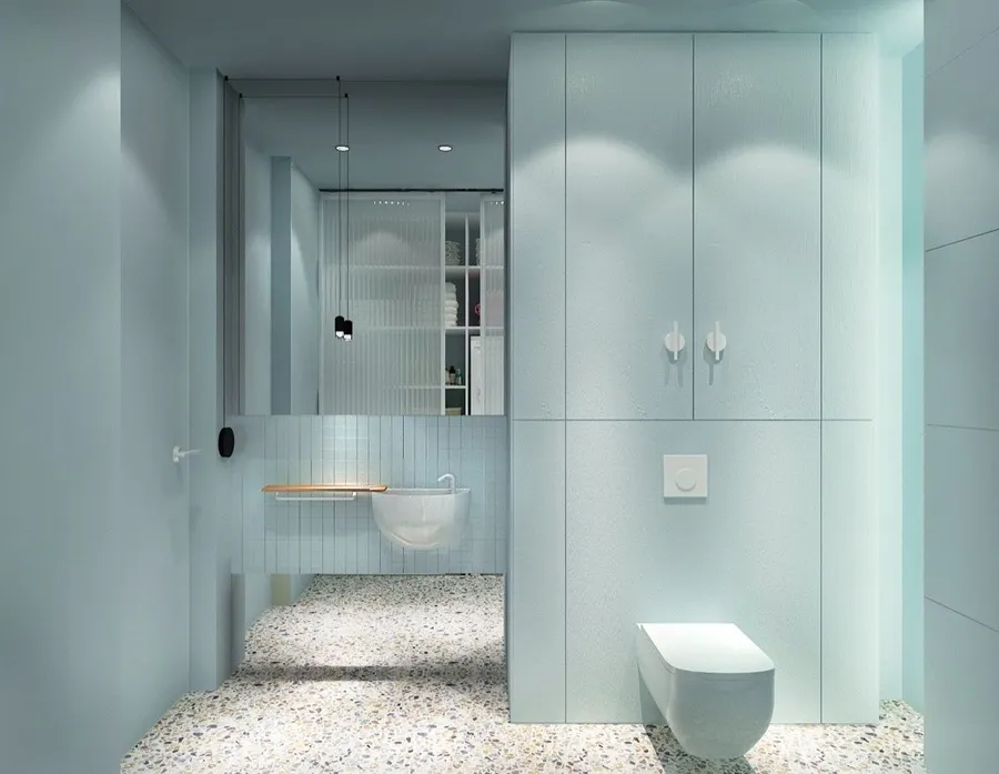 Phòng tắm với tone màu xanh ngọc đẹp và trang nhã