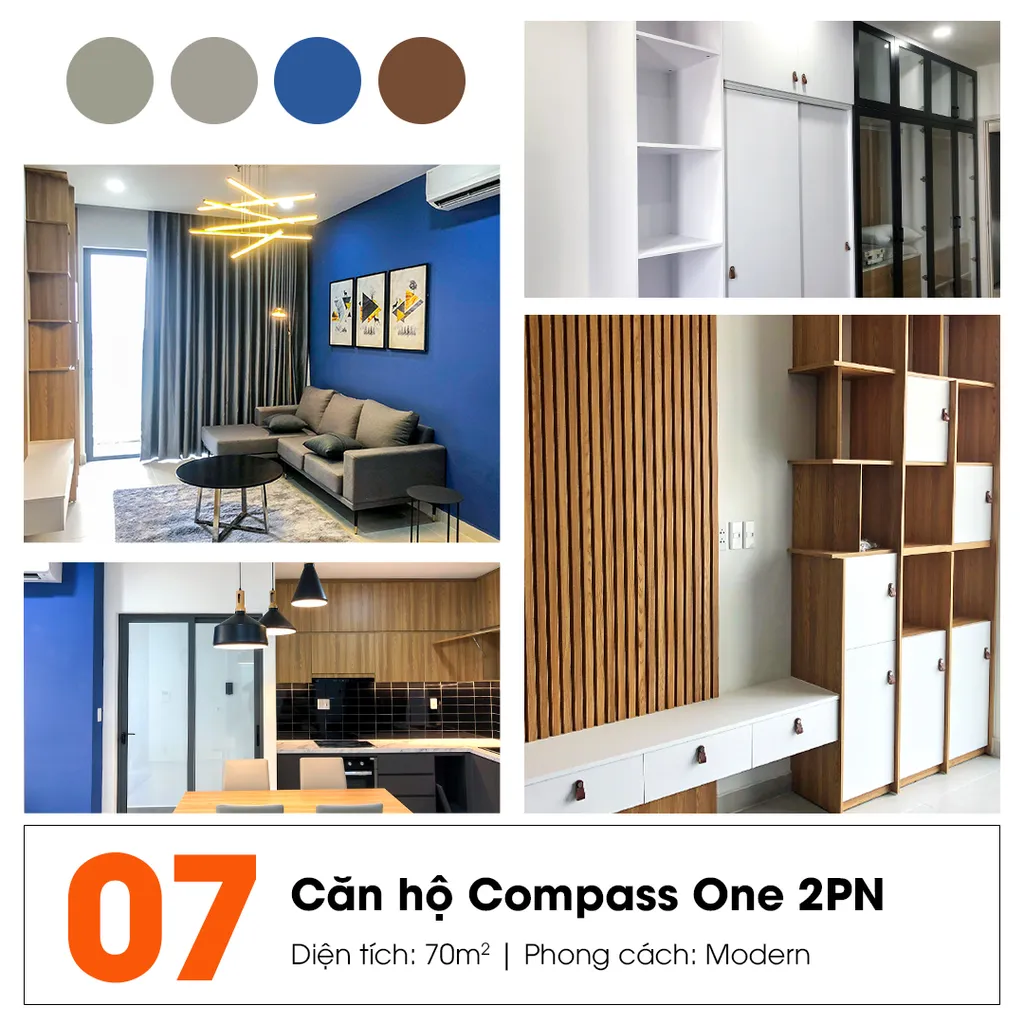 Căn hộ Compass One với diện tích 70m2, 2 phòng ngủ được thiết kế theo phong cách hiện đại với tông màu sinh động.