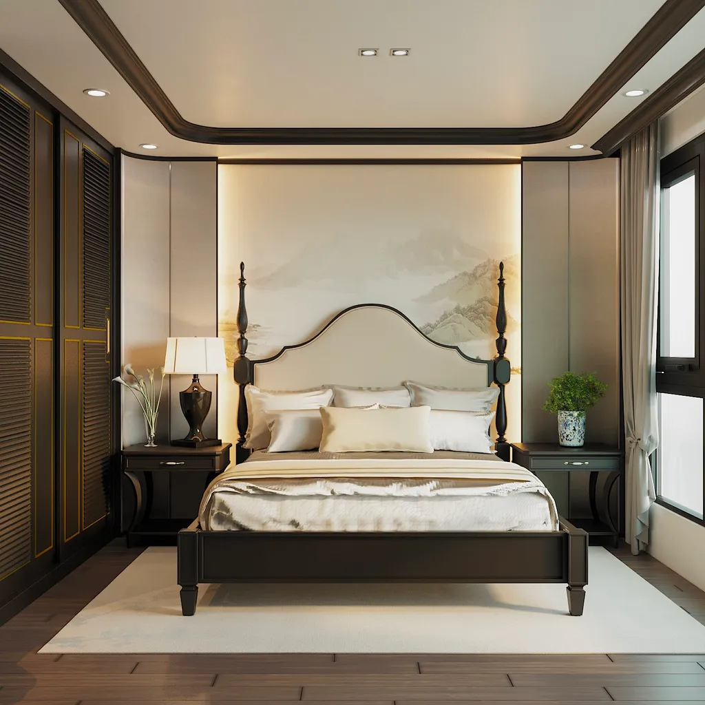 Gia chủ chỉ cần thiết kế phòng ngủ với chất liệu gỗ, sử dụng tông màu kem - nâu quen thuộc và kết hợp cùng rèm cửa đặc trưng sẽ tạo được điểm nhấn ngay cho căn phòng
