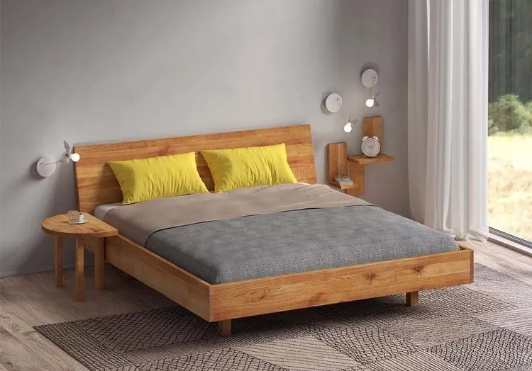 Giường ngủ và kệ để đồ trang trí đầu giường từ gỗ cao su