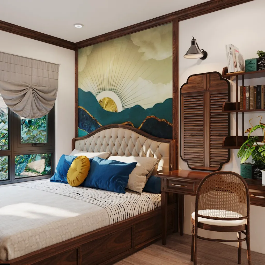 Họa tiết núi và mặt trời - bức tranh màu xanh ngọc làm điểm nhấn ấn tượng cho phòng ngủ