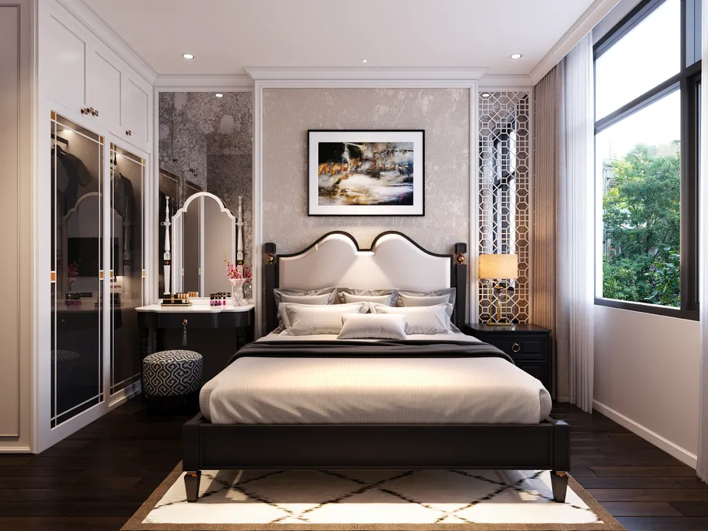 Kết hợp gỗ nâu đen tinh tế tạo điểm nhấn trong phòng ngủ của căn hộ phong cách indochine